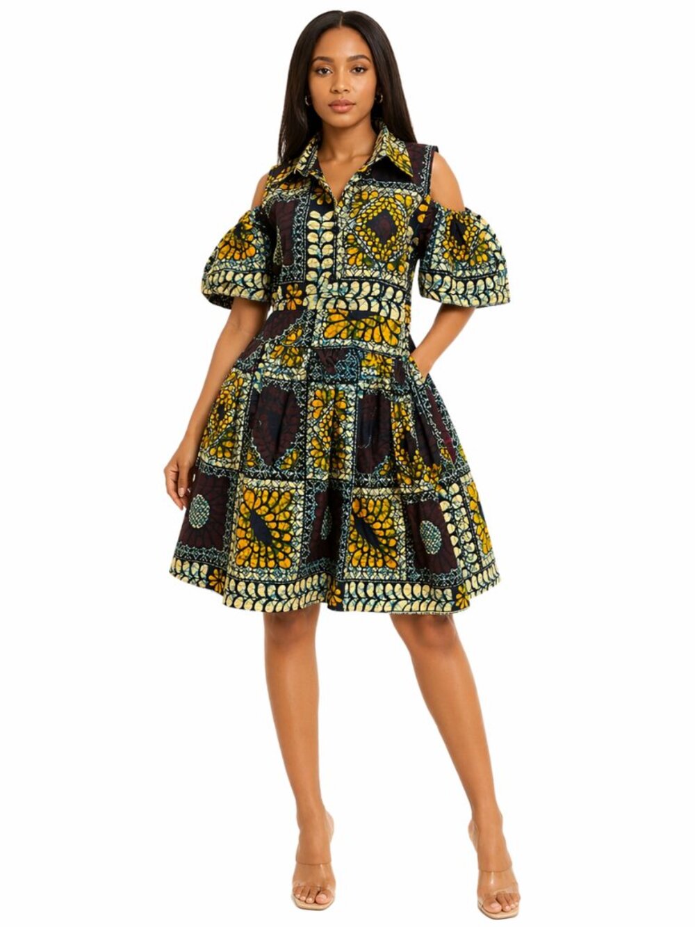 Women's African Print Cold Shoulder Dress Free & Plus Size Cotton Blend Collared
